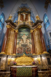 Interior view, celebration altar, choir, altar, main evangelical church of St. Michaelis, Michel