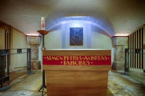Interior view, bronze relief over altar, crypt, main evangelical church of St. Michaelis, Michel