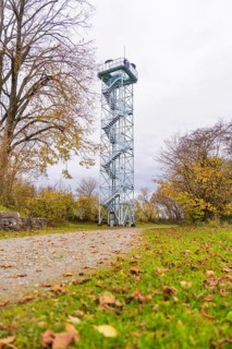 Observation tower next to a path surrounded by autumn trees, DÃ¼rrenmettstetten observation tower,