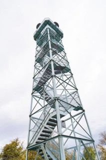 Tall metal tower with stairs framed by cloudy sky, DÃ¼rrenmettstetten observation tower, Sulz am