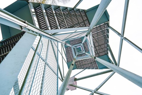 Looking up from the base of the tower to various levels of stairs, DÃ¼rrenmettstetten observation