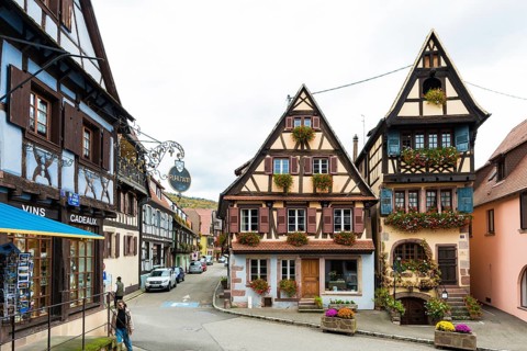 Medieval town and half-timbered houses, Dambach-la-Ville, Bas-Rhin, Alsace, France