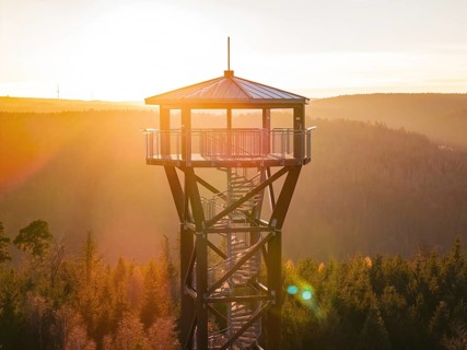 Close-up of a tower illuminated by the glowing sun, Hohe Warte observation tower, Hohenwart,