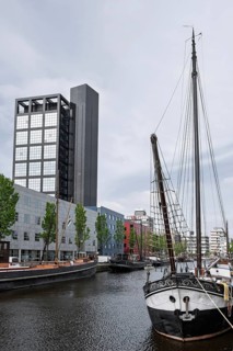 Zuiderstadsgracht with museum harbor and AVERO tower, Willemskade, Leeuwarden, Friesland Province,