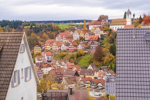 City view with visible church tower and half-timbered houses surrounded by autumn leaves on a hill,