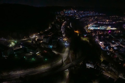 View of night roads along a hill with lights and shadows, Nagold, Calw district, Germany