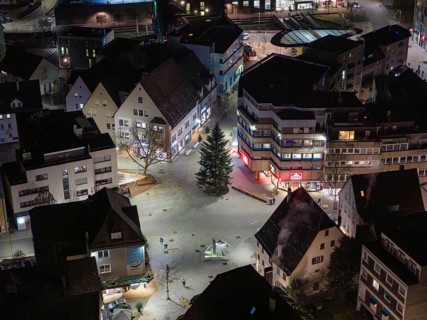 Night view of an urban square with illuminated buildings and a large tree, Nagold, Calw district,