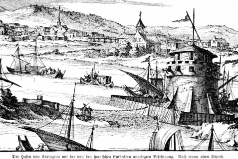 Port of Cartagena with the Spanish fortress, tower, loopholes, cannons, city view, Christian