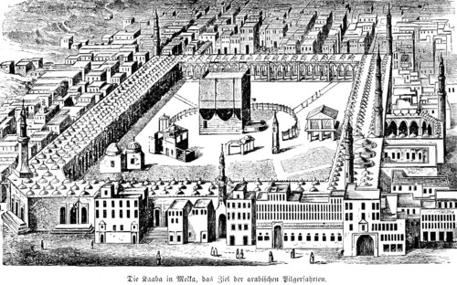 Kaaba in Mecca, destination of Islamic pilgrims, duty of pilgrimage, square building, cuboid,