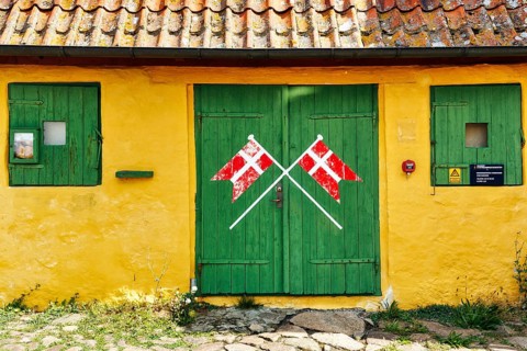 ChristiansÃ¸ Skole, smallest school in Denmark, faÃ§ade detail, characteristic yellow and green,