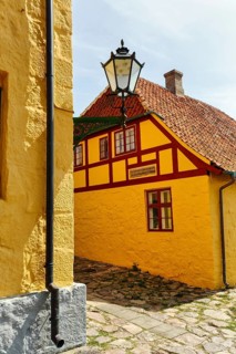 Historic, yellow-washed timbered house, ChristiansÃ¸, Christiansö, Ertholmene, Pea Islands,