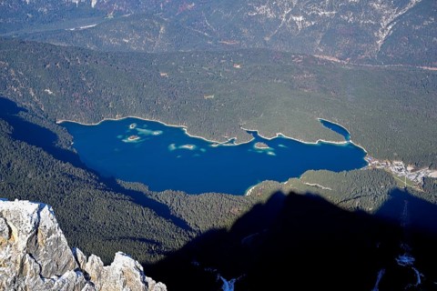 View of Lake Eibsee lake from the mountain station of the Zugspitz cable car (2962 m), Grainau