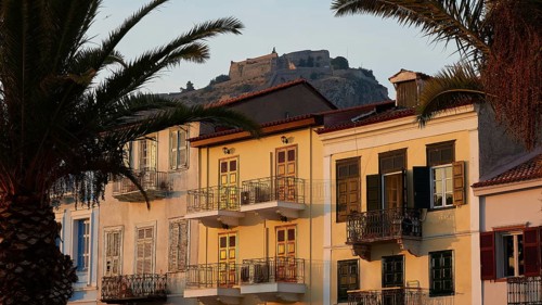 Palamidi Fortress, Old Town of Nauplion, Colourfully painted houses with a view of a fortress and