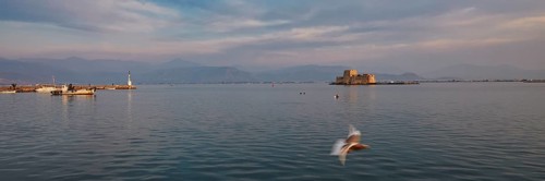 Bourtzi island fortress, castle on an island in the vast sea with a flying seagull in the