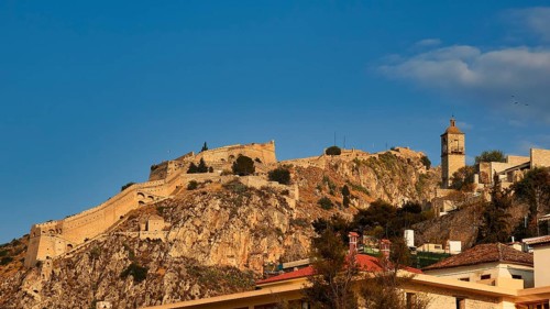 Palamidi Fortress, mighty castle spread over a hill with ruins under blue sky, Nauplion, Nafplion,