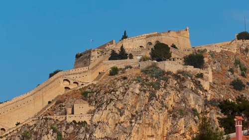 Palamidi Fortress, Mighty castle on a rocky hill under clear sky, Nauplion, Nafplion, Peloponnese,