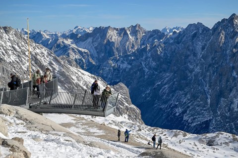 Tourists on a viewing platform on Zugspitzplatt, Grainau municipality, Garmisch-Partenkirchen