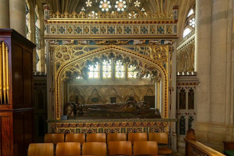 Memorial tomb effigy Bishop Walter Bronescombe died 1280 Exeter cathedral church, Exeter, Devon,