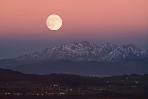 View from Horben of the Alpstein Mountains with the SÃ¤ntis, in the light of the full moon,