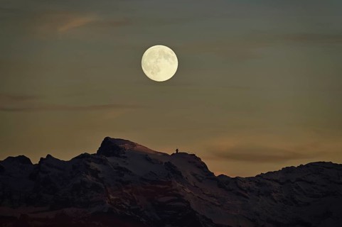 View of snow-covered Titlis from Horben in the light of a full moon, Beinwil-Freiamt, Canton,