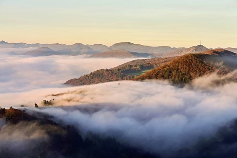 View from the Gisliflue of the Jura foothill Wasserfluh covered in fog, in the light of the rising