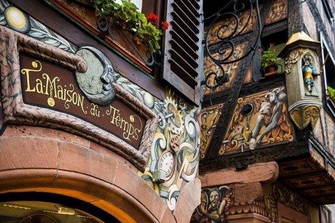 Artfully painted half-timbered houses, SÃ©lestat, Schlettstadt, Alsace, Bas-Rhin department, France