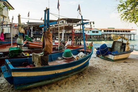 Colorful fishing boats on the beach, Hua Hin, Prachuap Khiri Khan, Central Thailand, Thailand