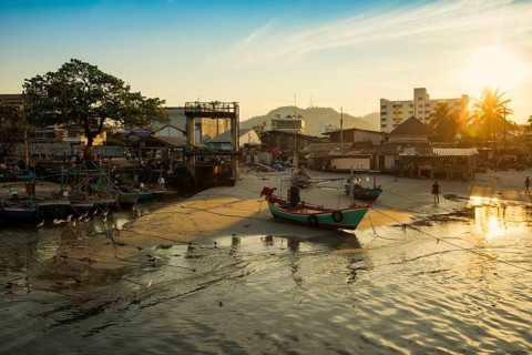 Colorful fishing boats on beach, sunset, Hua Hin, Prachuap Khiri Khan, Central Thailand, Thailand