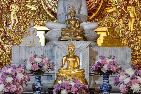 Various Buddha statues, Bhumispara mudra, Buddha Gautama at the moment of enlightenment, as well as