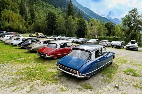 A group of parked vintage CitroÃ«n DS cars, classics with aerodynamic design, Chamonix-Mont-Blanc,