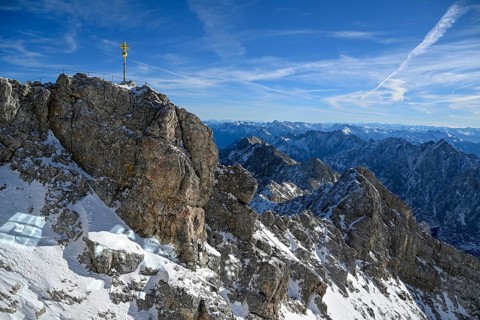 Zugspitze summit cross (2962 m), in the background the Wetterstein Mountains, Grainau municipality,