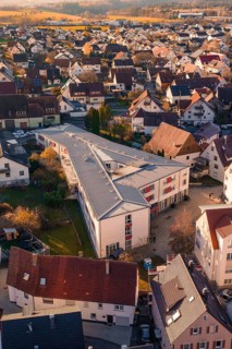 Bird's eye view of the roof landscape of a residential area with typical regional architectural