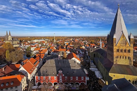 View from above from the Look mobile Skylift 360 degree panorama of St. Patrokli Cathedral and the