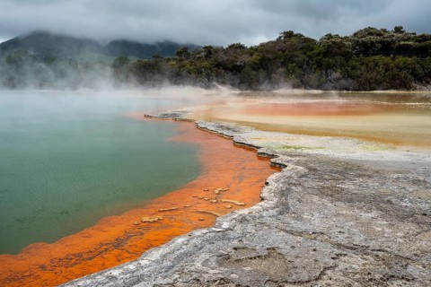 The champagne pool in the Waiotapu geothermal area (Wai-O-Tapu) . orange and yellow. Waiotapu,