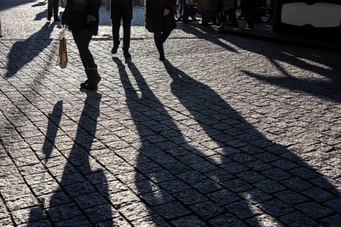 Shadows of people on the ground, low sun, winter, silhouettes, Germany