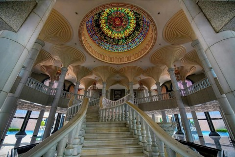 Jame' Asr Hassanil Bolkiah Mosque, Entrance stairs with colorful iron-wrought cupola, Bandar Seri