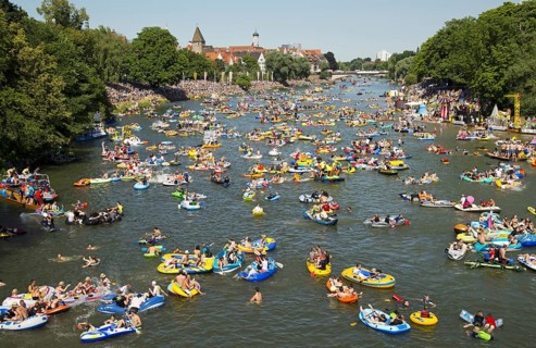 Themed boats at the Nabada boat parade on Schwörmontag, a traditional Ulm holiday, Danube, Ulm,
