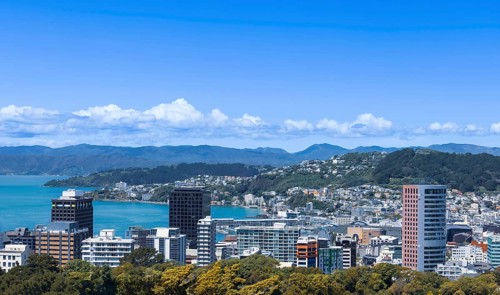 Panoramic skyline of Wellington downtown harbor, financial center and Lambton harbor