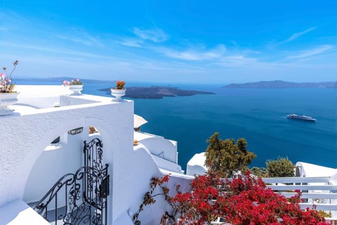 Greece Islands, scenic panoramic sea views of Santorini island from top outlook of Fira village