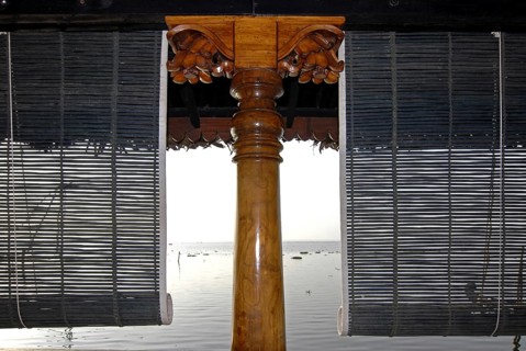 Close-up view of bamboo blinds and artfully turned wooden post, Heritage Hotel Privacy, Vembanad