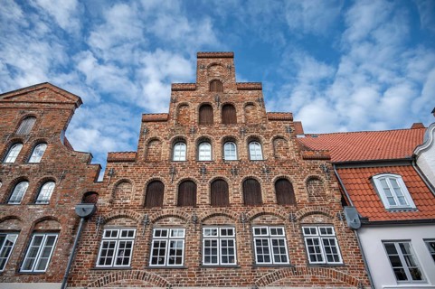 Historic Gothic brick house with stairway, Hundeswtr., Hanseatic City of LÃ¼beck,