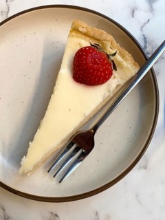 Piece of cheesecake, cheesecake, strawberry, fork, on plate, dessert, food, Free and Hanseatic City