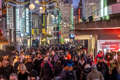 The Westenhellweg in Dortmund, pedestrian zone, city center, busy shopping street in mid-November,