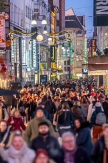 The Westenhellweg in Dortmund, pedestrian zone, city center, busy shopping street in mid-November,