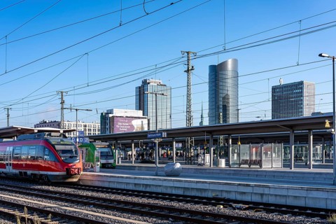 The skyline of downtown Dortmund, seen from the main train station, Regionalbahn, RB43, North