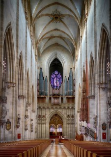 Interior view, main organ on the west gallery, central aisle facing west, Our Lady of Ulm, Ulm