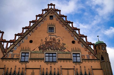 Painted faÃ§ade, fresco cycle, town hall, old town, Ulm, Baden-WÃ¼rttemberg, Germany
