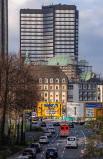 Downtown traffic in Essen, BernestraÃŸe, Town Hall, North Rhine-Westphalia, Germany