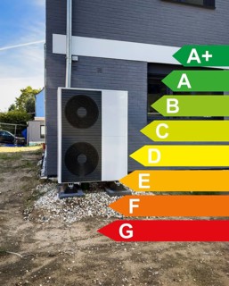 An air heat pump in the front yard of a renovated single-family house, graphic with energy