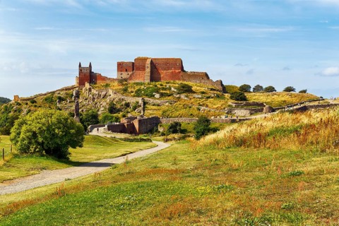 Hammershus fortress ruins, medieval castle ruins on a cliff, tourist attraction, Allinge-Sandvig,